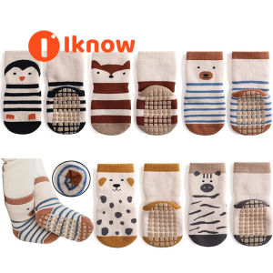 I know Baby Non Slip Socks Winter - 3 Pairs Toddler Kids Thick Warm Crew Socks with Grips for Girls Boys Non Skid Socks