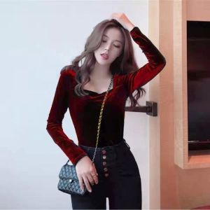 Gold Velvet Square Collar Top Womens Fall and Winter New Arrival Tight Fit Skinny Long Sleeves Inner Wear Color Bottoming Shirt Trendy Slim and Tall Looking Black