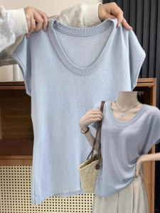 SHUQINGLAI | Áo Thun Nữ Cổ U Tơ Lụa Dệt Kim Tay Ngắn Thời Trang Mùa Hè Độc Đáo