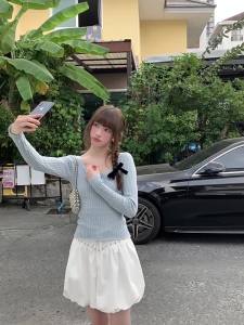 NIHAOKANONG | Áo Knitwear Co Dãn Ôm Sát Cổ Tròn Lớn Thoáng Khí