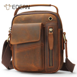 EDERN Crazy Horse Leather Shoulder Bag for Men Retro Messenger Bag Large Capacity Handbag Vertical Cowhide Crossbody Small Square Bag