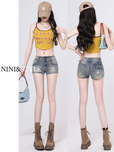 Retro Low Waist American Rivet Denim Shorts Women Summer New Tight A-Line Super Short Spicy Hot Pants Cotton Stretch Denim