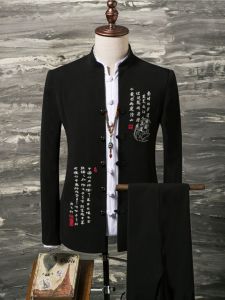 New Chinese Style Mens Suit Set Youth Hanfu Tang Costume Jacket Embroidered Stand Collar Zhongshan Coat for Spring Autumn