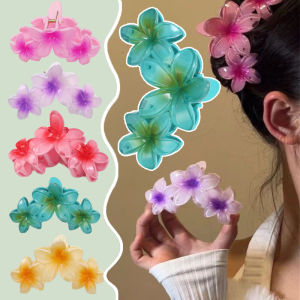 8pcs 11cm Big Frangipani Flower Hair Claw Sweet Clear Plumeria Hair Clips Hawaiian Colorful Flower Shark Clip Gradient Beach Hairpin Accessories for Women Girls