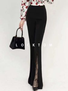High Waist Lace Splice Bell Bottom Pants Slit Design Draping Long Trousers Casual Summer Womens Fashion Commute Style