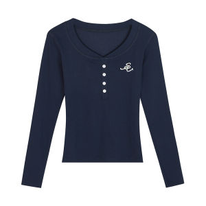 เสื้อยืดแขนยาวคอวีผู้หญิงฤดูใบไม้ร่วง/ฤดูหนาว ทรงสลิมฟิต ปักลายดีไซน์เรียบง่าย เสื้อเชิ้ตคอวี