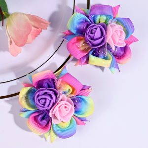2Pcs Foam Flower Hair Clip Rainbow Gradient Floral Ribbon Hairpin Sweet Handmade Barrette For Girl Children Headwear Accessories