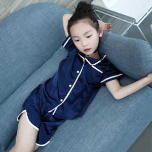 Childrens Pajama Set Girls Summer Clothes Ice Silk Short Sleeve Parent-Child Clothes Spring and Autumn Medium and Large Childrens Girls Home Wear Air Conditioning Shirt