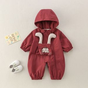 Spring Outfit Baby Romper Windbreaker Cute Cartoon Crawling Suit Baby Clothes Long Sleeve Hooded Zipper Closure Girls Clothing