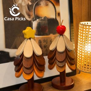 Casa Picks Premium Solid Wood Tree Coaster Set with Holder | Apple Tree / Star Tree Design | Heat Resistant Wooden Cup Coasters | Home & Gift