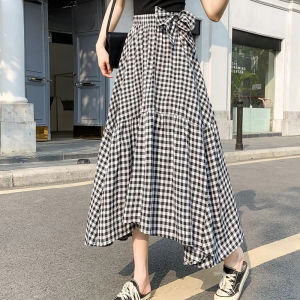 Women Gingham Skirt with Bow Knotted Asymmetrical High Waist Checked Long Skirt Ladies Casual Outfit