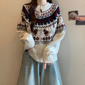 Christmas Motif Zipper Knit Cardigan Womens Oversize Sweater Lazy Style Outerwear Long Sleeve round Neck Thickened Winter Coat