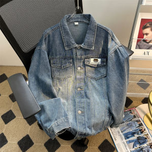 Spring American High Street Vintage Mens Denim Jacket Loose Washed Collared Workwear Jacket Casual Stylish Outerwear