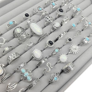 50pcs/lot Wholesale Mix Style Vintage Bohemia Blue Stone Rings For Women Opal Black Acrylic Flower Design Finger Jewelry Party