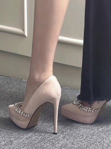 Nude Color High Heels Womens Shoes French Style Water Diamond Pointed Toe Slip-On Fashionable Autumn Winter New Model