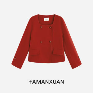 FAMANXUAN | Red Chinese New Year Short Coat for Petite Women with Square Collar