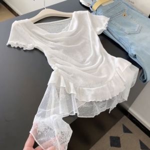 เสื้อยืดคอตตอนผ้าลูกไม้สไตล์เกาหลีแขนสั้นทรงเข้ารูปสำหรับผู้หญิงในช่วงฤดูร้อน ทรงเข้ารูปแบบใหม่ ลายดอกไม้ กระโปรงทรงเอ