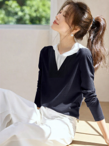 MOHANYIMEI | Color-blocked Hooded Tunic Tee Shirts Women Long Sleeve