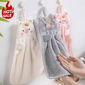Cartoon Cute Pig Microfiber Quick Absorb Coral Velvet Thick Bathroom Kitchen Hand Towel Cloth with Hanging Loop Household Cleaning Dish Cloth