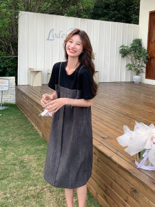 Elegant Black T-Shirt Dress Womens Summer New Casual Slimming Short Fake Two-Piece Dress Korean Style Commute Splice Loose Waist