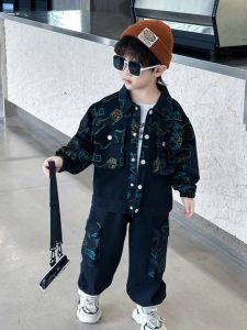 Fashionable Childrens Spring Autumn Denim Set Boys Cool Trendy Two-Piece Baby Spring Autumn Clothes Casual Cotton Denim