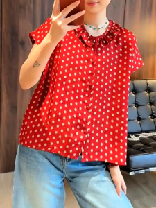 QINGNAER | Korean Style Polka Dot Short Sleeve Shirt Plus Size Womens Top