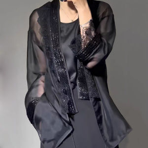 Spring New Chinese Style Womens Shirt Luxury Black Lace Top High-End Splicing Mini Shirt Long Sleeve V-neck Mid-length Straight-cut