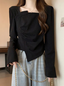 Plus Size Loose-Fit French Style Design Square Collar Asymmetrical Bottoming Shirt Spring & Fall Fat Sister Elegant Slim Fit Slimming Top