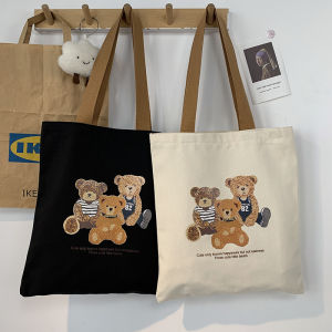 Cloth Bag Female Canvas College Student Class Book Holding Satchel Canvas Bag Female Shoulder Cute Bear Zip Canvas Bag