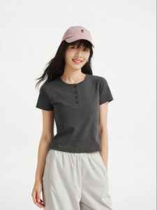 Hotwind | American Style Henry Neck T-Shirt for Petite Women Short Sleeve