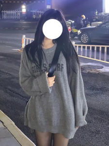 เสื้อสเวตเตอร์ถักคอปกกลมแขนยาวหลวมๆ สีเทา สำหรับผู้หญิง เสื้อคลุมกันหนาวแบบสวมหัว แฟชั่นฤดูใบไม้ร่วง/ฤดูหนาว