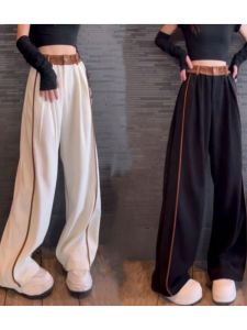 American Hiphop Stripes Straight-Leg Pants Womens Spring & Fall Retro Contrast Color Loose Casual Pants High Waist Drooping Wide-Leg Pants