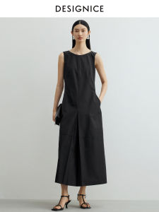 Designice Summer 2025 Hepburn Style Sleeveless Black Vest Dress Womens High Waist Knitted Long Dress Thinming Commute Simple Pure Color