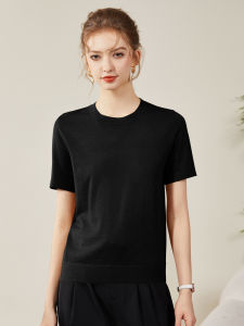 YAKUER | Fine Thin Pure Wool Knit Short Sleeve Womens Round Neck Basic Half Sleeve T-Shirt