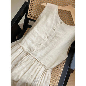 Rừng Nhật Bản Zimo Qinghe Bé Gái Thêu Vải Lanh Dài Đầm Nữ Thanh Lịch Cộc Tay Không Tay Vòng Eo Cinched Thon Gọn Áo Vest Phong Cách Đầm