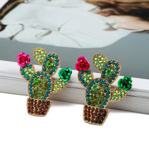 Cactus Female Unusual Decor Festival Party Jewelry Trend Luxury Full Rhinestone Charm Stud Earrings For Women Accessories Gift
