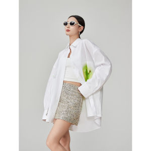 White  Print Long Sleeve Shirt Womens Spring 2025 New Design Loose Fit Polyester Fiber Casual Style Commute Simple