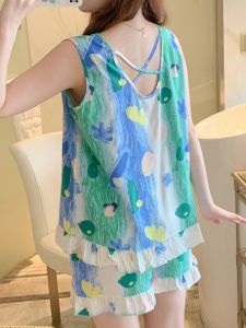 ชุดนอนผู้หญิงผ้าไหมคอตตอนบางเฉียบ ชุดนอนฤดูร้อน แขนกุด ระบายอากาศได้ดี เสื้อคลุมผ้าไหมคอตตอน Tagkita