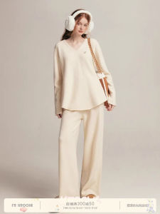 LinYin Kroche Casual Lazy Style Sweater Wide Leg Pants Warm Loose Knitted Two Piece Set Elastic Hemline Fashionable Autumn Outfit