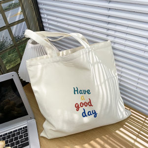 Summer Canvas Bag Womens Shoulder Handbag Minimalist Letters Versatile Large Capacity Students Handbag for Class with Zipper