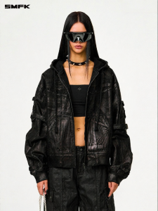 SMFK | Trendy Loose Utility Style Hooded Jacket Wax Coated Denim with Mustang Pattern