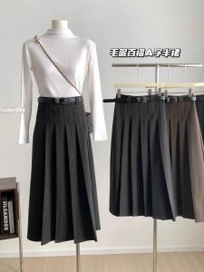 plus Size Womens High Waist A-Line Skirt Midi Length Woolen Pleated Skirt Autumn Fashion Slimming Large Skirt Swing