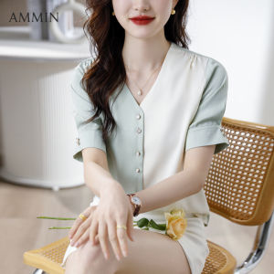 AMMIN เสื้อแฟชั่น คอวีแบบเรียบง่าย สำหรับฤดูร้อน เสื้อเบลาส์ แขนพอง อัดพลีท แบบกระดูม แถว เดียว สีสะดวกสบาย หรู หรา เย็บ ปะติด