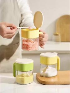 Seasoning Jar Bottle Kitchen Seasoning Bottle Household Seasoning Box Glass Seasoning Jar Moisture proof Sealed Salt Jar with Spoon Seasoning Bottle