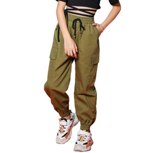 Rolanko Children Pants Jogger Cargo Casual Trousers Girls Boys Hip Hop Dance Bottoms Pants Loose Elasticated Waist Daily Wear 4-14 Years Green
