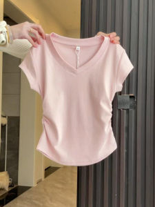 Slim Fit Short Sleeve V-Neck T-Shirt Women Summer Casual Style Folded Design Shoulder Width Appropriate Length Fashionable Top
