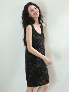 Miccbeirn | Retro Print Silk Cloud Vest Dress 100% Mulberry Silk Slimming Strapless Midi Dress Elegant Autumn U-Neckline No Sleeve