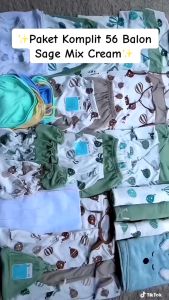 Paket Komplit Perlengkapan Baju Bayi combo Mix Balon Sage Cream 56 pcs SNI Promo 8.8