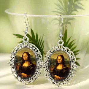Retro Da Vinci Mona Lisa Glass Hook Earrings Antique Silver Tone Oval Pendant Jewelry For Women Teens Art Lovers Gifts