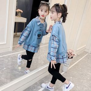Girls Loose Sweatshirt Casual Spring Fashion Plaid Patchwork Midi Top Breathable Pure Cotton Long Sleeve Childrens Clothing